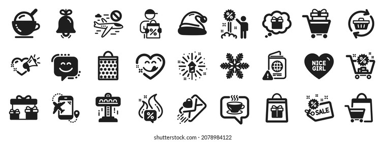 Set of Holidays icons, such as Sale, Ice cream, Attraction icons. Surprise boxes, Snowflake, Bell signs. Smile face, Sale bags, Passport warning. Shopping trolley, Coffee, Gift dream. Vector