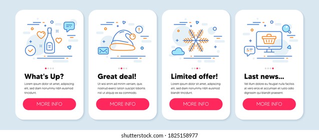 Set of Holidays icons, such as Santa hat, Snowflake, Love champagne symbols. Mobile screen app banners. Web shop line icons. Christmas, Air conditioning, Valentines day. Shopping cart. Vector