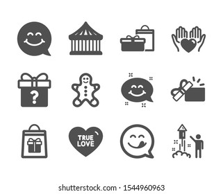 Set of Holidays icons, such as Secret gift, Holidays shopping, Carousels, Smile face, Gifts, Opened gift, Yummy smile, Fireworks, Hold heart, True love, Gingerbread man classic icons. Vector