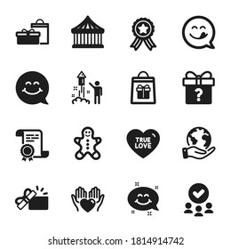 Set of Holidays icons, such as Secret gift, Holidays shopping. Certificate, approved group, save planet. Carousels, Smile face, Gifts. Opened gift, Yummy smile, Fireworks. Vector
