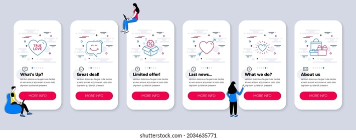 Set of Holidays icons, such as Smile chat, Love, Sale icons. UI phone app screens with teamwork. Heart, True love, Shopping line symbols. Happy face, Valentines day, Discount. Sweet heart. Vector