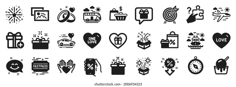 Set of Holidays icons, such as Special offer, Photo album, Fireworks explosion icons. Wish list, Present box, Ice cream signs. Archery, Marriage rings, Travel compass. Add gift, Shopping. Vector