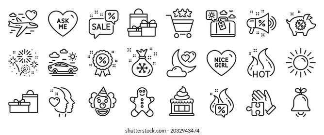 Set of Holidays icons, such as Sun, Puzzle, Car travel icons. Fireworks, Clown, Gingerbread man signs. Ice cream, Ask me, Heart. Discounts bubble, Gifts, Discount. Sale megaphone, Hot sale. Vector