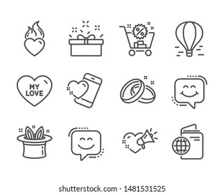 Set of Holidays icons, such as Wedding rings, Love message, My love, Heart, Heart flame, Travel passport, Shopping cart, Smile face, Air balloon, Smile chat, Present box, Hat-trick. Vector