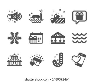 Set of Holidays icons, such as Wish list, Circus, Carousels, Love gift, Waves, Present, Heart, Christmas calendar, Sale megaphone, Candy, Snowflake, Scuba diving classic icons. Wish list icon. Vector