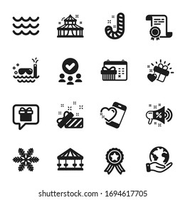 Set of Holidays icons, such as Wish list, Circus. Certificate, approved group, save planet. Carousels, Love gift, Waves. Present, Heart, Christmas calendar. Sale megaphone, Candy, Snowflake. Vector