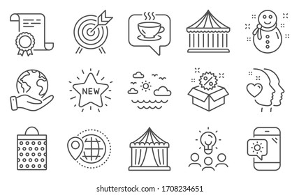 Set of Holidays icons, such as World travel, Circus tent. Diploma, ideas, save planet. Weather phone, Shopping bag, New star. Heart, Carousels, Snowman. Archery, Sale, Travel sea. Vector