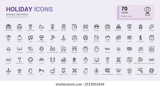 Conjunto de ícones de feriados. Ícones de estilo linear fino Pack. Coleção de ícones de estrutura de tópicos, conjunto de ícones de linha para Web e interface do usuário com nomes de ícones. Ilustração de vetor