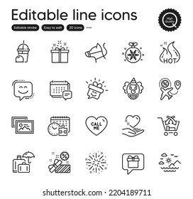 Set of Holidays outline icons. Contains icons as Luggage insurance, Fireworks explosion and Hold heart elements. Smile face, Clown, Christmas ball web signs. Message, Sale. Vector