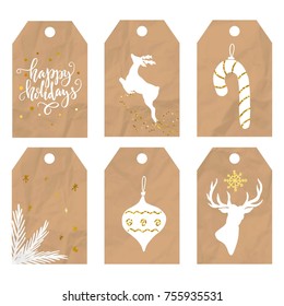 Set of holidays printable tags with hand lettering on craft crumpled paper background. Labels for holidays design.