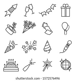 Set of holidays related icons. Includes icons of festive paraphernalia, fireworks and gifts. Linear execution. Isolated vector on a white background.