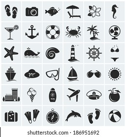 Set of holidays, sea and beach icons. Seaside resort and beach relaxation. Collection of design elements. Vector illustration.