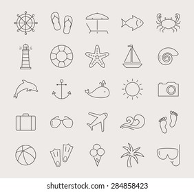 Set of holidays, sea and beach line icons. Seaside resort and beach relaxation. Collection of thin outline design elements. Black symbols isolated on white background. Vector illustration. 
