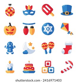 Set of Holidays and Traveling Flat Icons

