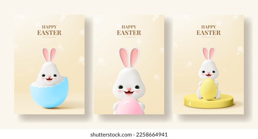 Set of holidy Easter posters. Vector illustration with 3d bunnies with colorful eggs. Spring Easter backgrounds for decoration ad banners, posters, card or websites.