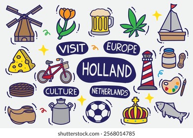 set of holland doodle with color good for background, wallpaper, icon, element design, printable, etc