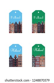 Set Holland or Netherlands house vector illustration gift tag. Mockup, template. Amsterdam icon label.