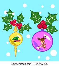 Set of Holly berries and Christmas decoration with reindeer red car and Christmas tree ornament vector illustration