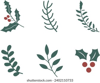 set of holly berries, Christmas leaves,set of leaves,set of holly leaves