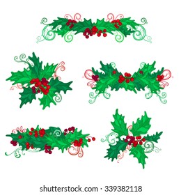 Set of holly berries page decorations and dividers. Vector Christmas design elements isolated on white background.