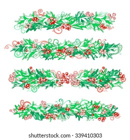 Set of holly berries page decorations and dividers. Christmas vintage design elements isolated on white background. Can be used for your Christmas invitations or congratulations.