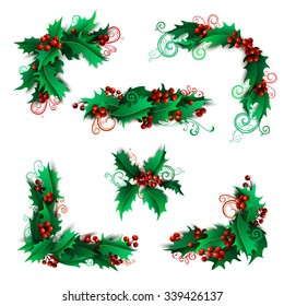 Set of holly berries page decorations and dividers. Christmas vintage design elements isolated on white background.