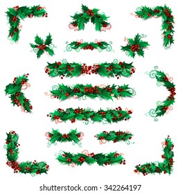 Set of holly berries page decorations and dividers. Christmas vintage design elements isolated on white background.