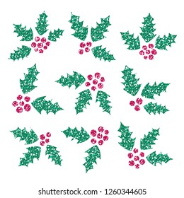 Set of Holly Berry Vector Elements. Ilex Aquifolium. Glitter Christmas Berries.