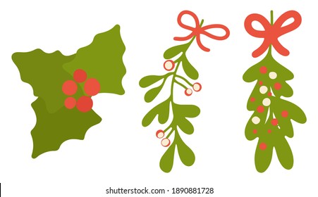 Set with holly, mistletoe. Twigs, leaves, berries, bows. Christmas plants. Green, red, white colors. Hand drawn vector illustration. Isolated objects on a white background.