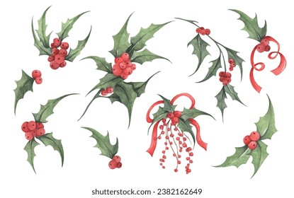 Set of Holly plant. Red Berries and Green Leaves. Botanical Illustration of Holly. Watercolor illustration. Christmas and New Year symbol decorative elements.