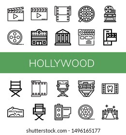 Set of hollywood icons such as Clapperboard, Film roll, Cinema, Film, Theatre, Movie theater, Directors chair, Hollywood, Director chair, Red carpet , hollywood