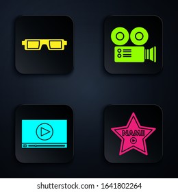 Set Hollywood walk of fame star on celebrity boulevard , 3D cinema glasses , Online play video  and Cinema camera . Black square button. Vector