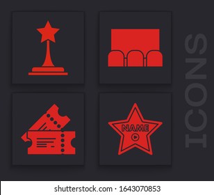 Set Hollywood walk of fame star on celebrity boulevard , Movie trophy , Cinema auditorium with screen and seats  and Cinema ticket  icon. Vector