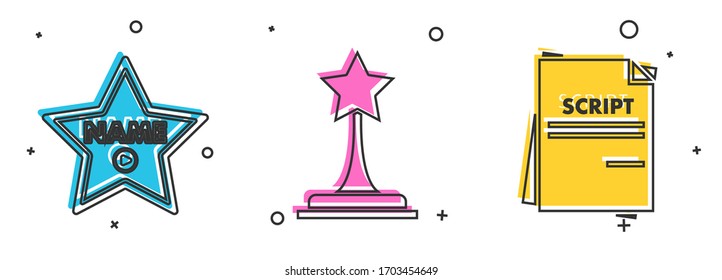 Set Hollywood walk of fame star on celebrity boulevard , Movie trophy  and Scenario  icon. Vector