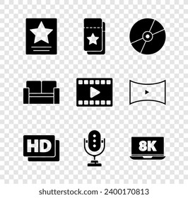 Set Hollywood walk of fame star, Cinema ticket, CD or DVD disk, Hd movie, tape, frame, Microphone, Laptop with 8k, chair and Play Video icon. Vector svg
