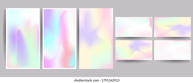 Set hologram gradient background 90s, 80s retro style. Pastel shades muted colors graphic template for brochure, banner minimal hologram gradient