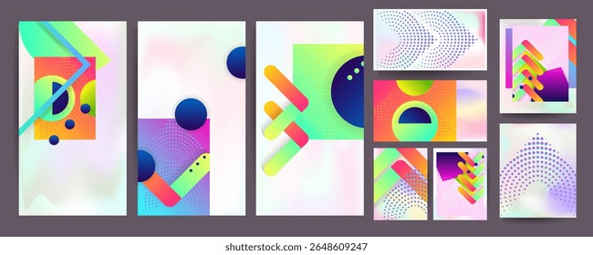 Set hologram gradient background 90s, 80s retro style. Pastel shades muted colors graphic template for brochure, banner minimal hologram gradient