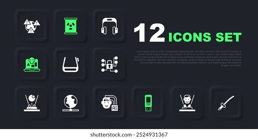 Set Hologram, Katana, Smart glasses on spectacles, USB flash drive, Internet piracy, Global technology, Radioactive waste in barrel and Humanoid robot icon. Vector