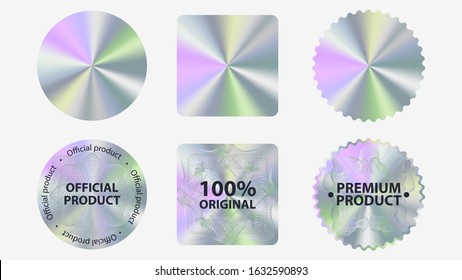Set hologram label geometric shapes vector flat illustration  Collection holographic sticker quality emblem isolated white background  Symbol certification product