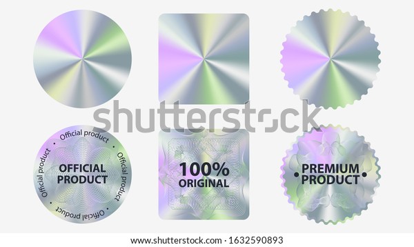 Set of\
hologram label geometric shapes vector flat illustration.\
Collection of holographic sticker quality emblem isolated on white\
background. Symbol of certification\
product