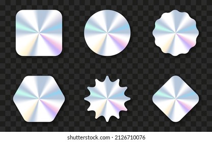 Set of Hologram Stickers on Transparent Background. Official Product Holographic Label, Best Choice, Premium Quality, Original. Holography Gradient Seal Template. Isolated Vector Illustration