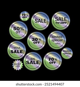 set hologram tag sale percent, sticker holographic, big sale, 50%, 70% off label