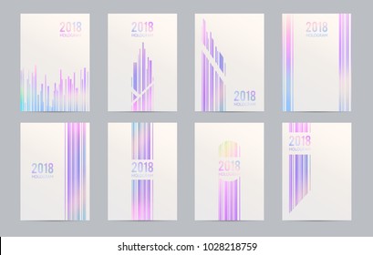 Set of holographic abstract backgrounds. Bright layouts of brochures in a geometric style. Brochure template design with holograms. Vector illustration.