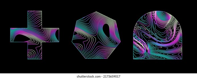 Set of holographic abstract geometric shapes on a dark background.