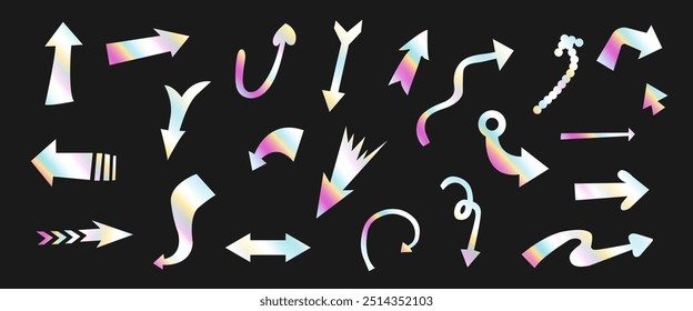A set of holographic arrows and pointers. Luminous arrow stickers. Rainbow arrows, pointers. Vector illustration.