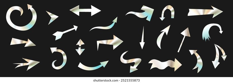 A set of holographic arrows and pointers. Luminous arrow stickers. Rainbow arrows, pointers. Vector illustration.