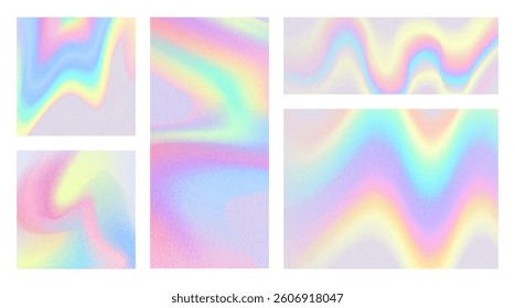 Set of holographic backgrounds with grainy texture. Vector templates with liquid rainbow colors.

