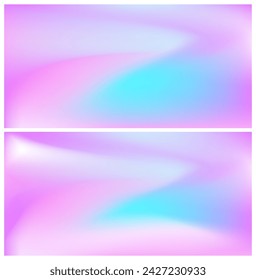Set of holographic backgrounds. Horizontal banner with ethereal gradient in blue and purple mixed colors. Vector illustration.  Fluorescent blurred y2k wallpaper.