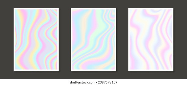 Set holografischer Hintergründe. Rainbow Fluid Farbverlauf-Wallpaper Kollektion für Karte, Broschüre, Flyer, Poster, Banner. Bundles mit irisierter flüssiger Hintergrundfarbe aufdecken. Paket mit Vektorpasten-Vorlagen