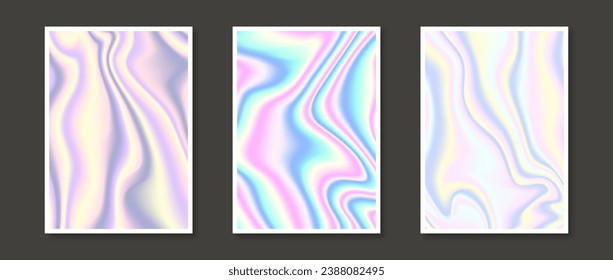 Conjunto de fondos holográficos. Colección de papel tapiz de gradiente de líquido arcoiris para tarjeta, folleto, volante, afiche, pancarta, folleto. Conjuntos de fondo líquido irridiscente de aceite. Paquete de plantillas en color pastel